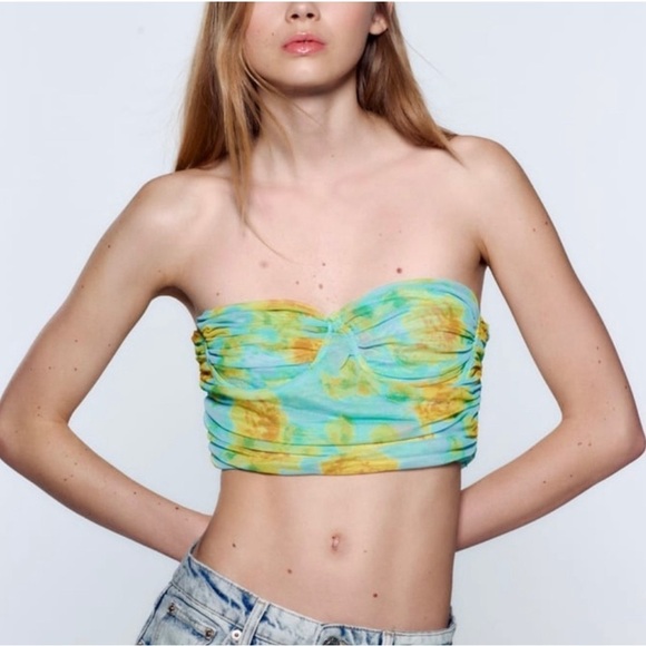 Zara blue yellow floral flower ruched strapless bandeau bustier crop top L NWT - Picture 2 of 15